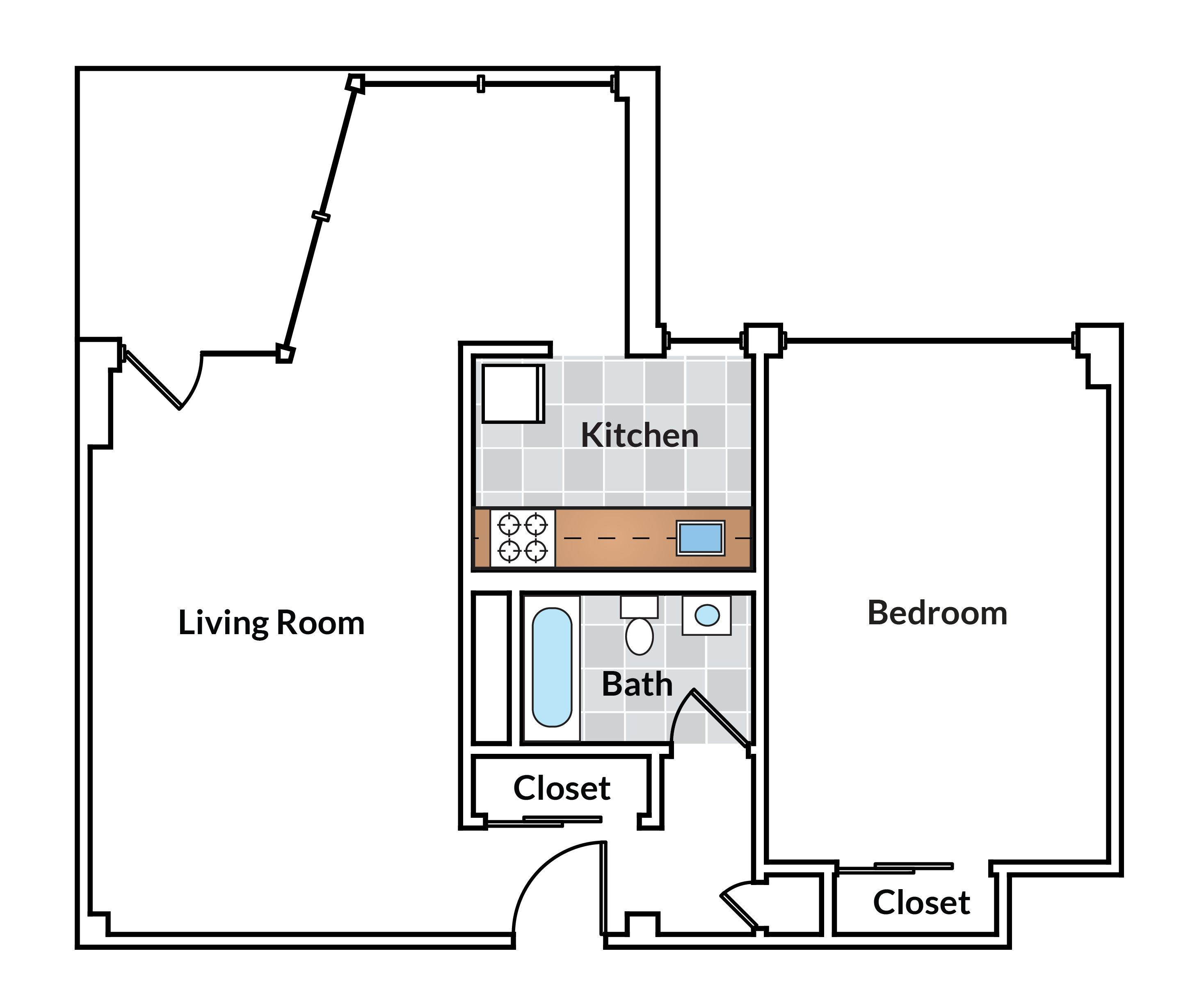 Floor plan for 1 bed, 1 bath, 736 sqft